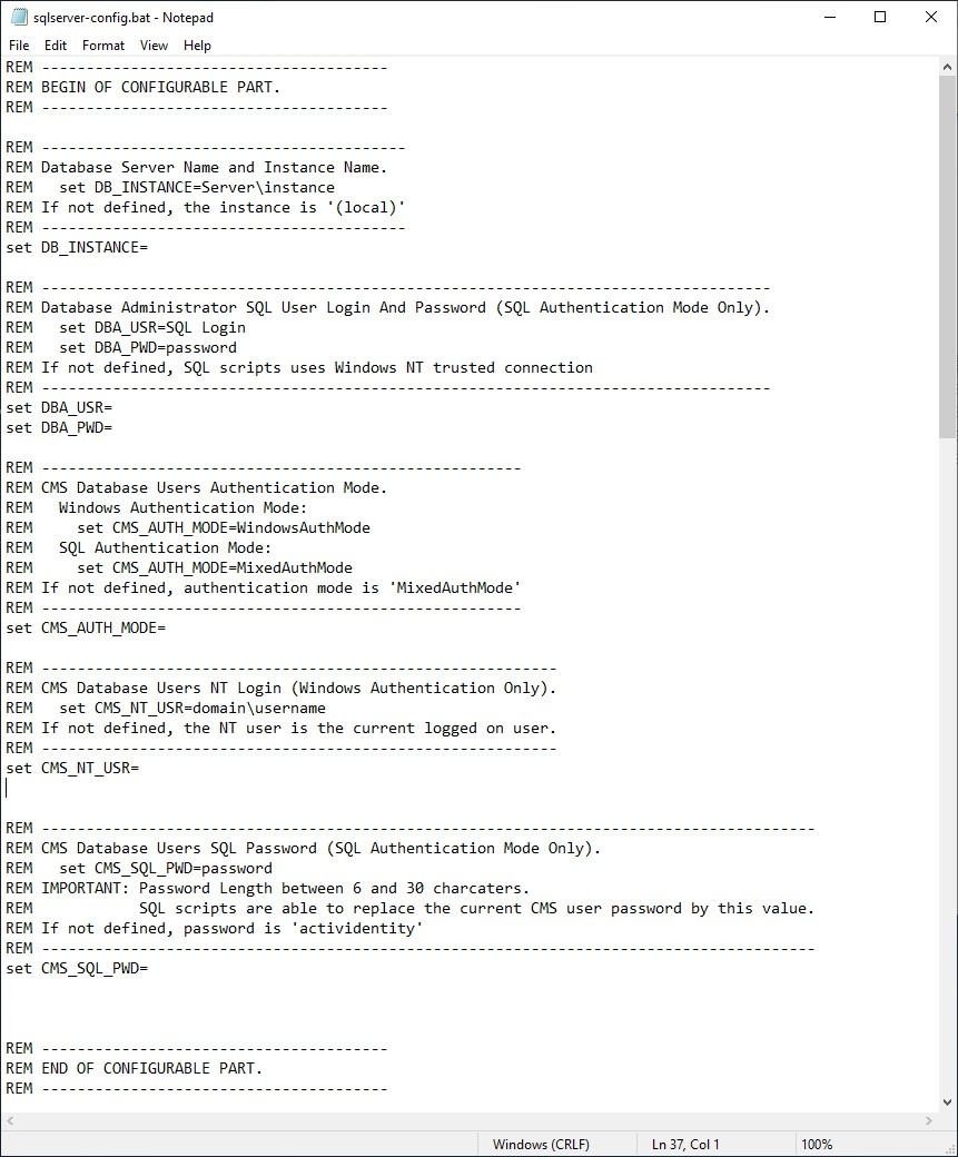 Notepad window displaying the configurable part of the sqlserver-config.bat file